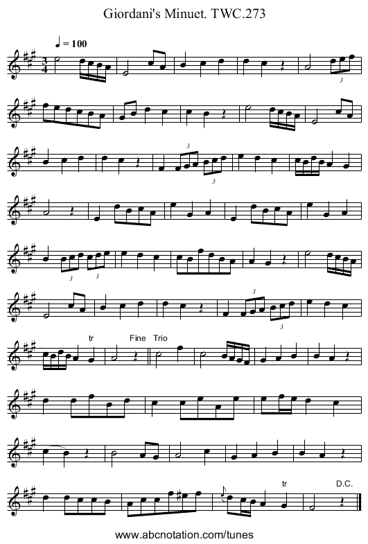 Giordani's Minuet. TWC.273 - staff notation