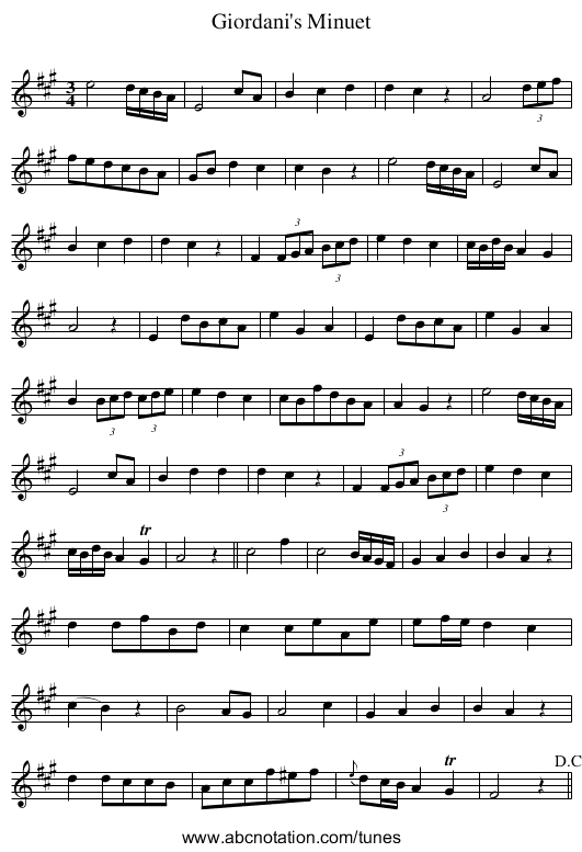 Giordani's Minuet - staff notation