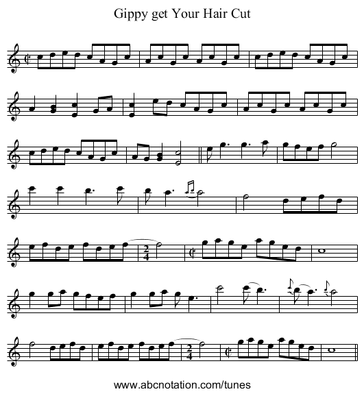 Gippy get Your Hair Cut - staff notation