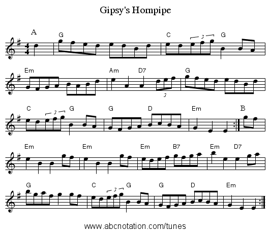 Gipsy's Hornpipe - staff notation