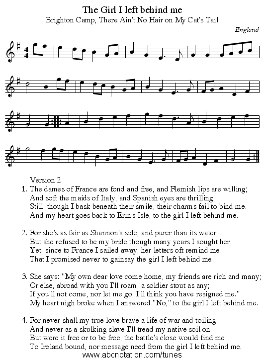 Girl I left behind me, The - staff notation