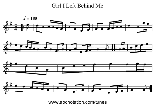 Girl I Left Behind Me - staff notation