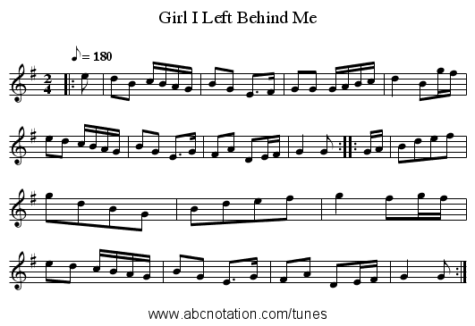 Girl I Left Behind Me - staff notation
