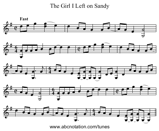 Girl I Left on Sandy, The - staff notation