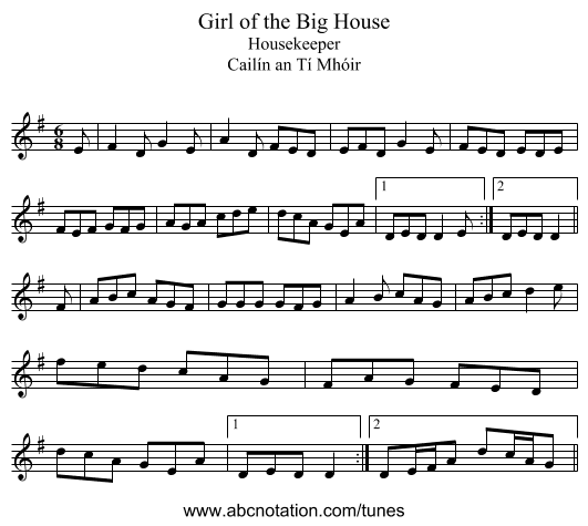 Girl of the Big House - staff notation
