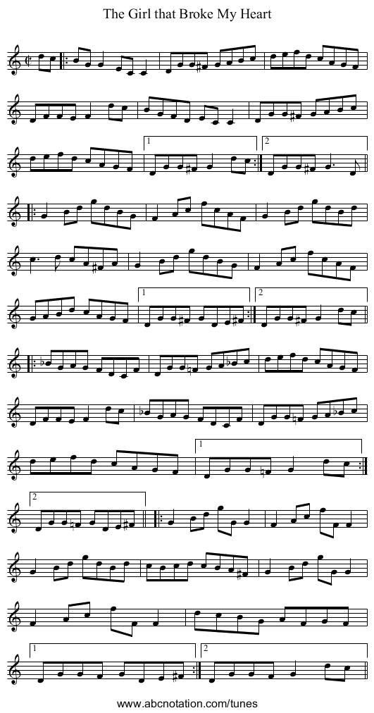 Girl that Broke My Heart, The - staff notation