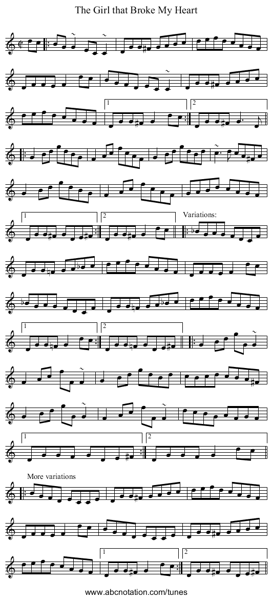 Girl that Broke My Heart, The - staff notation