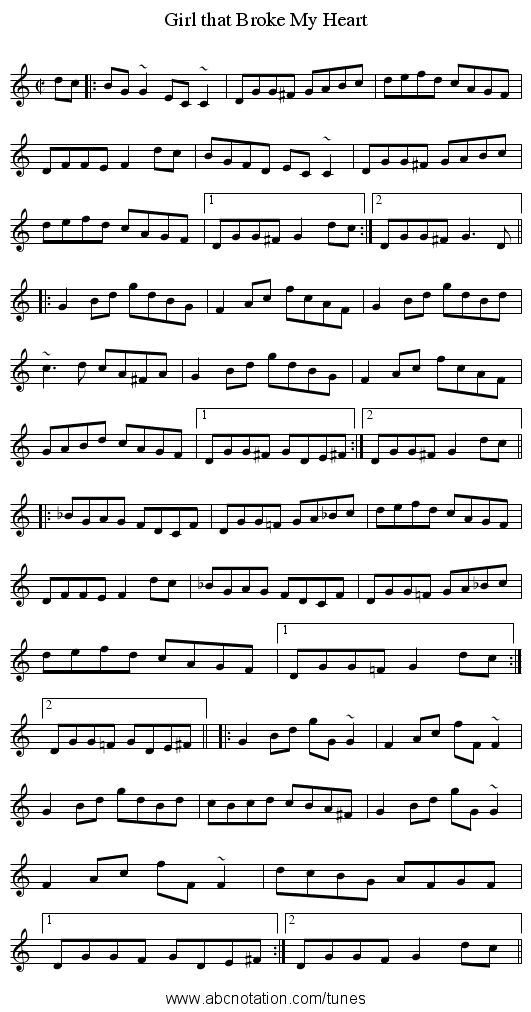 Girl that Broke My Heart - staff notation