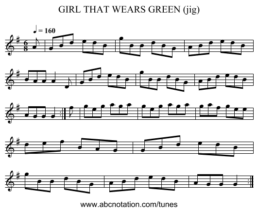 GIRL THAT WEARS GREEN (jig) - staff notation