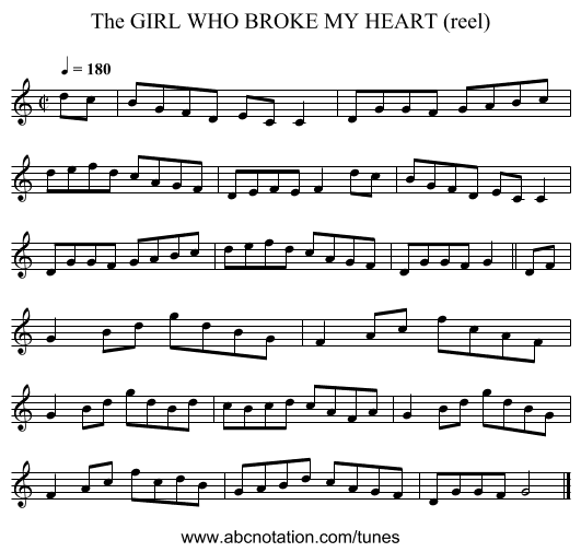 GIRL WHO BROKE MY HEART (reel), The - staff notation