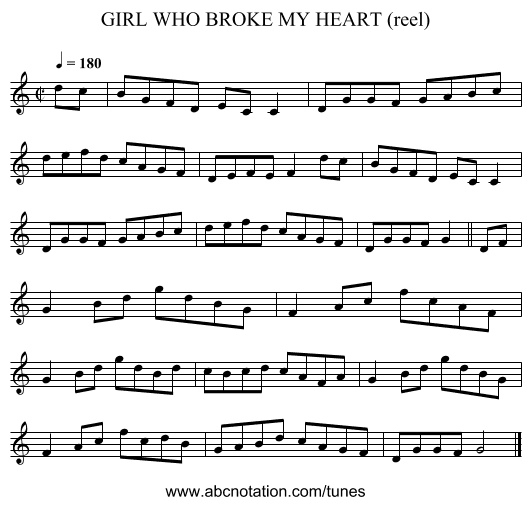 GIRL WHO BROKE MY HEART (reel) - staff notation