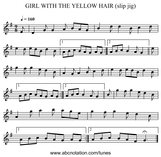GIRL WITH THE YELLOW HAIR (slip jig) - staff notation