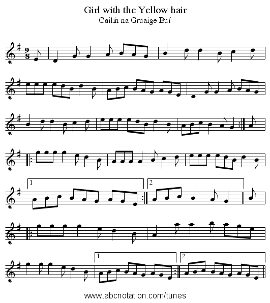 Girl with the Yellow hair - staff notation