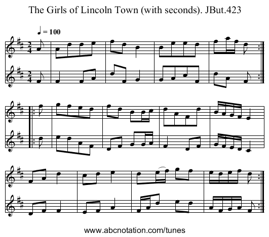 Girls of Lincoln Town (with seconds). JBut.423, The - staff notation