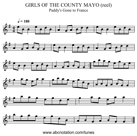 GIRLS OF THE COUNTY MAYO (reel) - staff notation