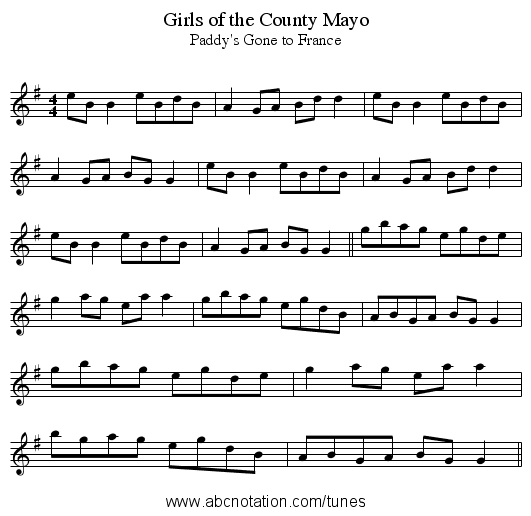 Girls of the County Mayo - staff notation