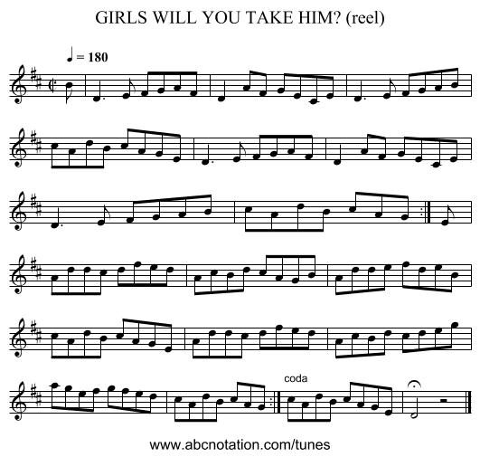 GIRLS WILL YOU TAKE HIM? (reel) - staff notation