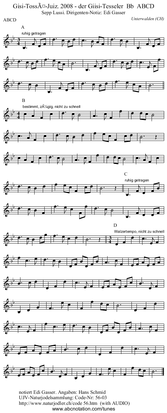 Gisi-Tossä-Juiz. 2008 - der Giisi-Tesseler Bb ABCD - staff notation