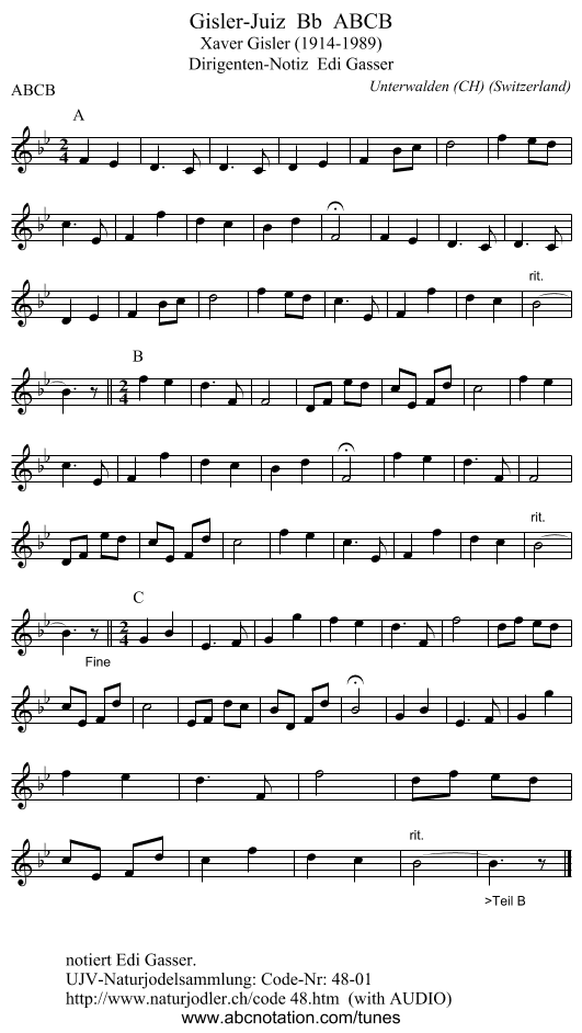Gisler-Juiz  Bb  ABCB - staff notation
