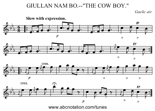 GIULLAN NAM BO.--THE COW BOY. - staff notation