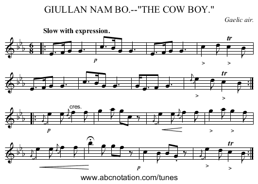 GIULLAN NAM BO.--THE COW BOY. - staff notation