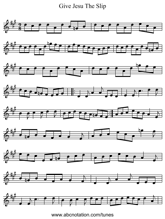 Give Jesu The Slip - staff notation