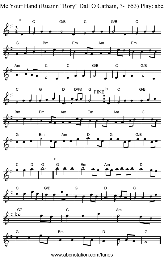 Give Me Your Hand (Ruainn Rory Dall O Cathain, ?-1653) Play: abc,abc,a - staff notation