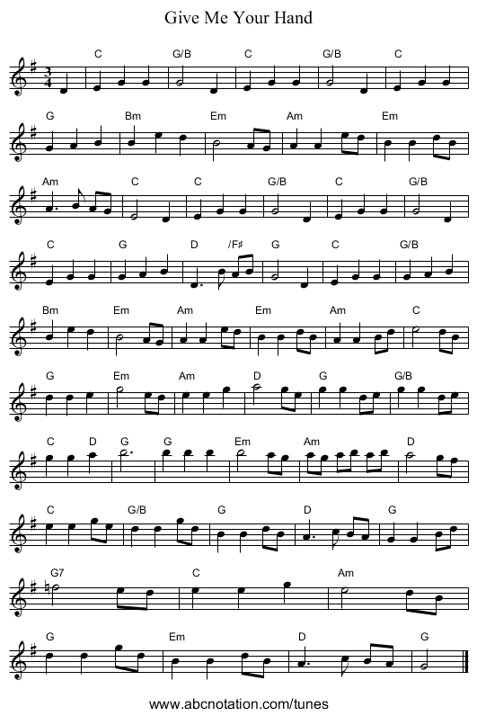 Give Me Your Hand - staff notation