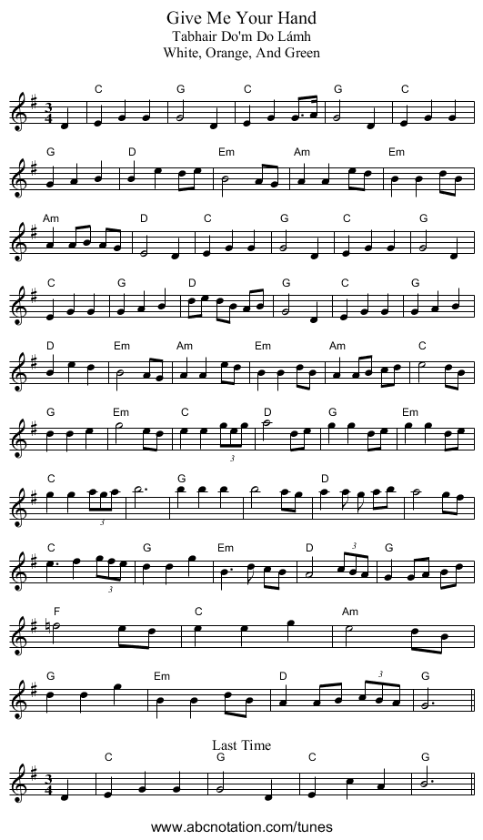 Give Me Your Hand - staff notation