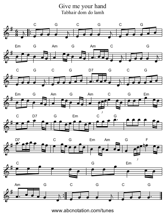 Give me your hand - staff notation