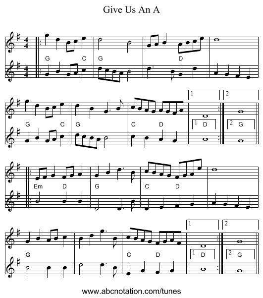 Give Us An A - staff notation