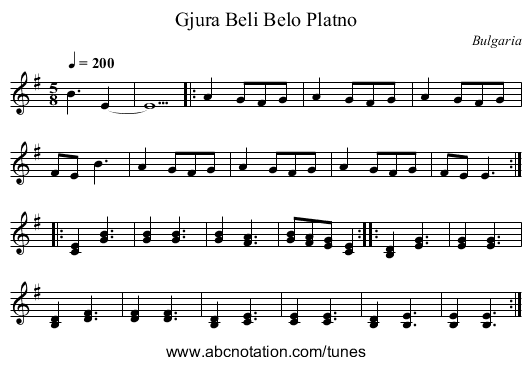 Gjura Beli Belo Platno - staff notation
