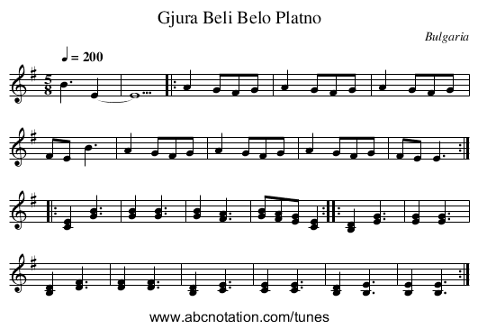 Gjura Beli Belo Platno - staff notation