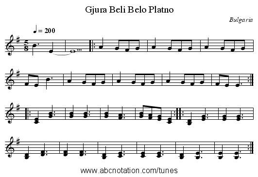 Gjura Beli Belo Platno - staff notation