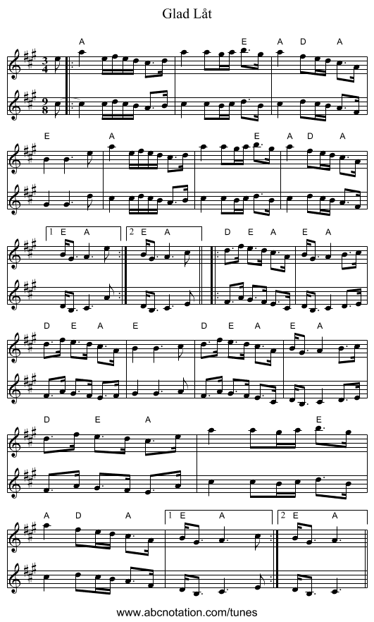 Glad Låt - staff notation