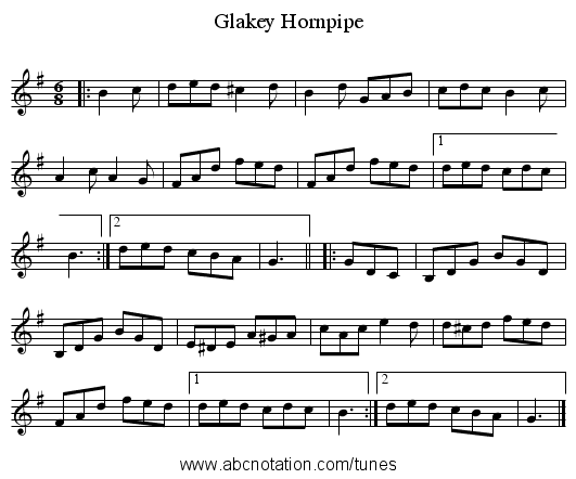 Glakey Hornpipe - staff notation
