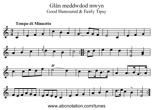 Glân meddwdod mwyn - staff notation