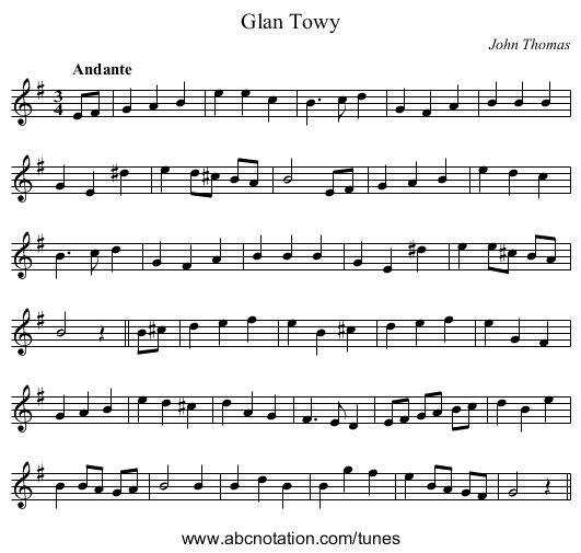 Glan Towy - staff notation
