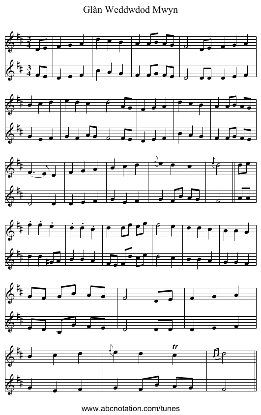 Glân Weddwdod Mwyn - staff notation