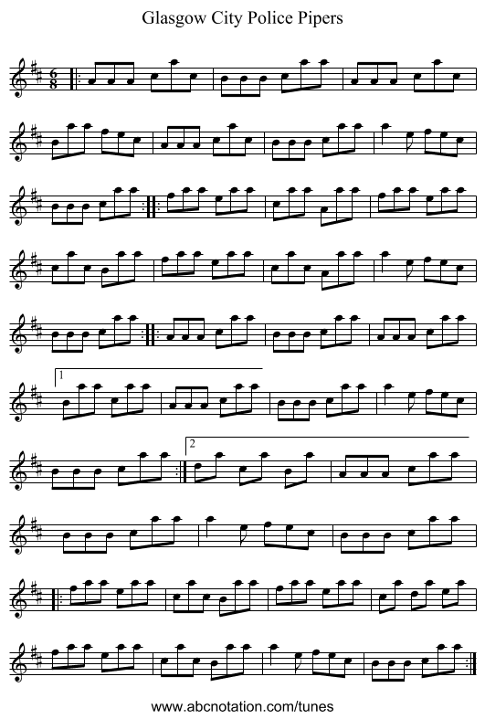 Glasgow City Police Pipers - staff notation