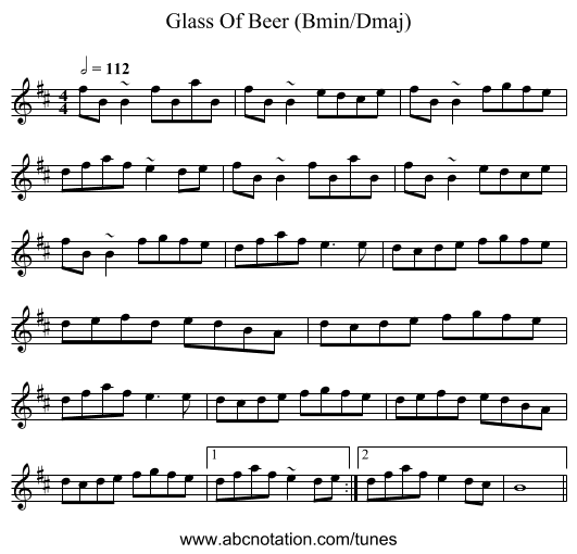 Glass Of Beer (Bmin/Dmaj) - staff notation