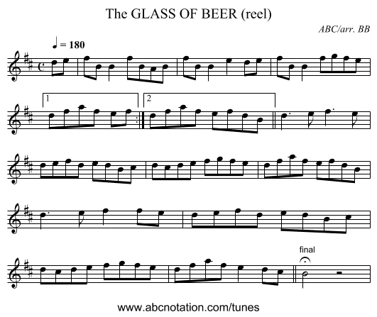 GLASS OF BEER (reel), The - staff notation