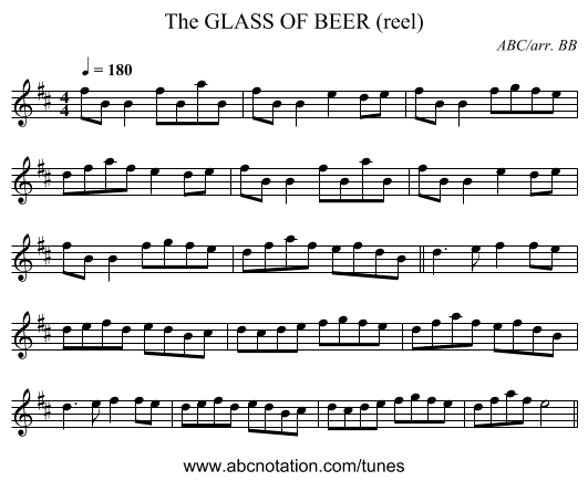 GLASS OF BEER (reel), The - staff notation