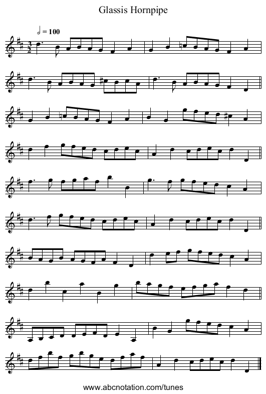 Glassis Hornpipe - staff notation