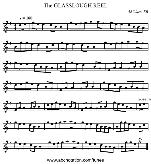 GLASSLOUGH REEL, The - staff notation