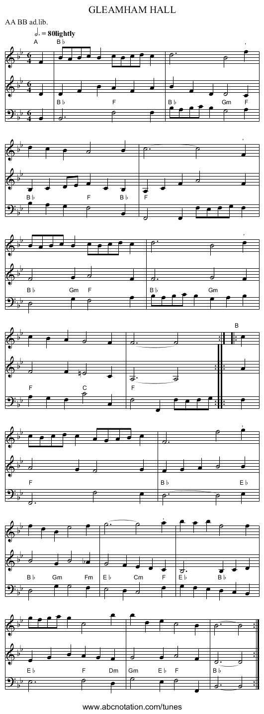 GLEAMHAM HALL - staff notation