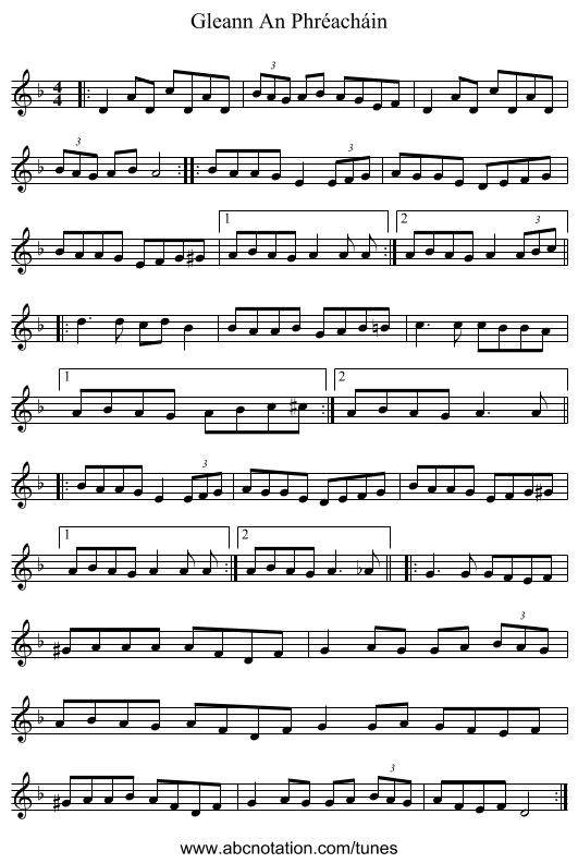 Gleann An Phréacháin - staff notation