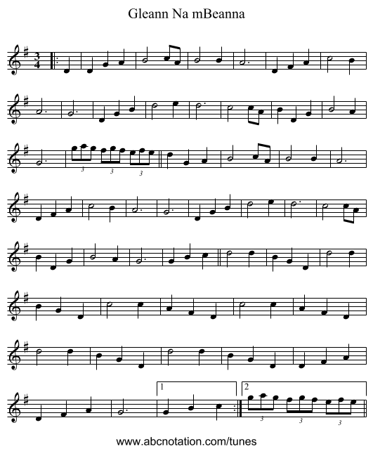 Gleann Na mBeanna - staff notation