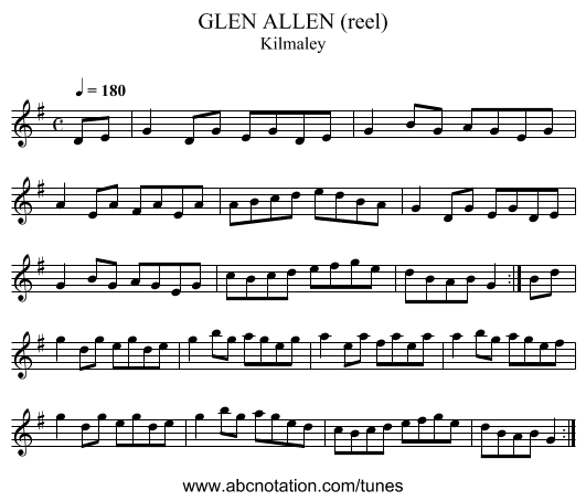 GLEN ALLEN (reel) - staff notation