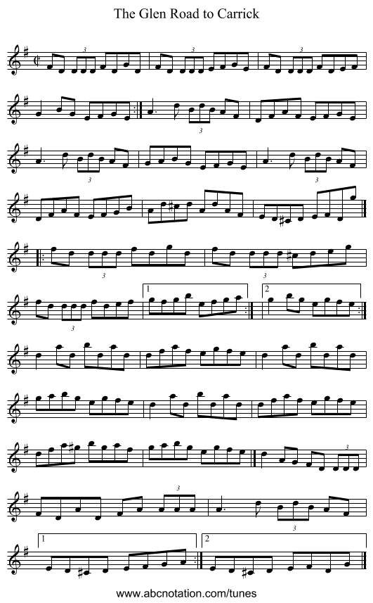 Glen Road to Carrick, The - staff notation